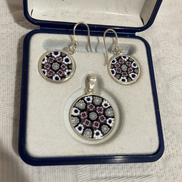 Vintage Sterling Silver and Italian Millefiore Earrings and Pendant Set - Picture 2 of 5